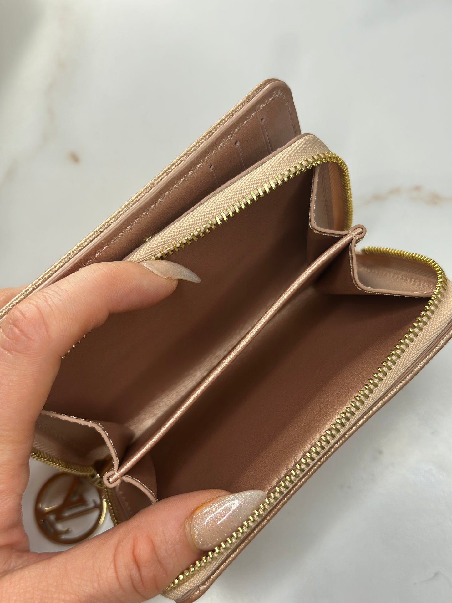 Pre-owned Louis Vuitton Lambskin Embossed Monogram Lou Coussin Wallet Rose Gold