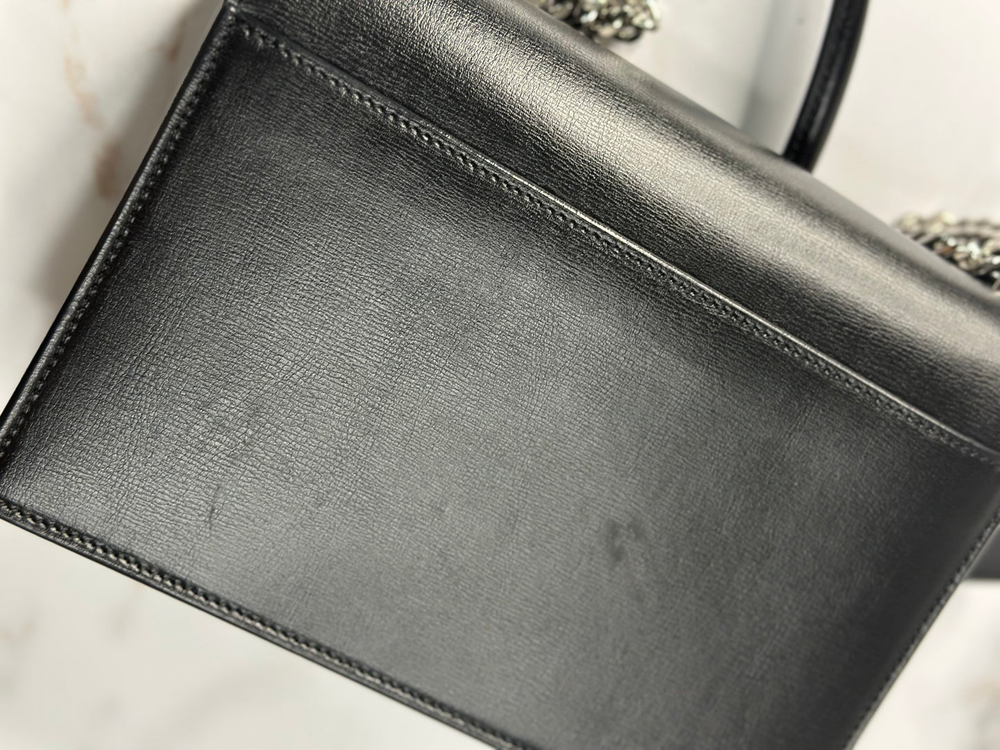 Pre-owned Saint Laurent Sunset Medium Chain Bag in black smooth leather with silver-tone hardware