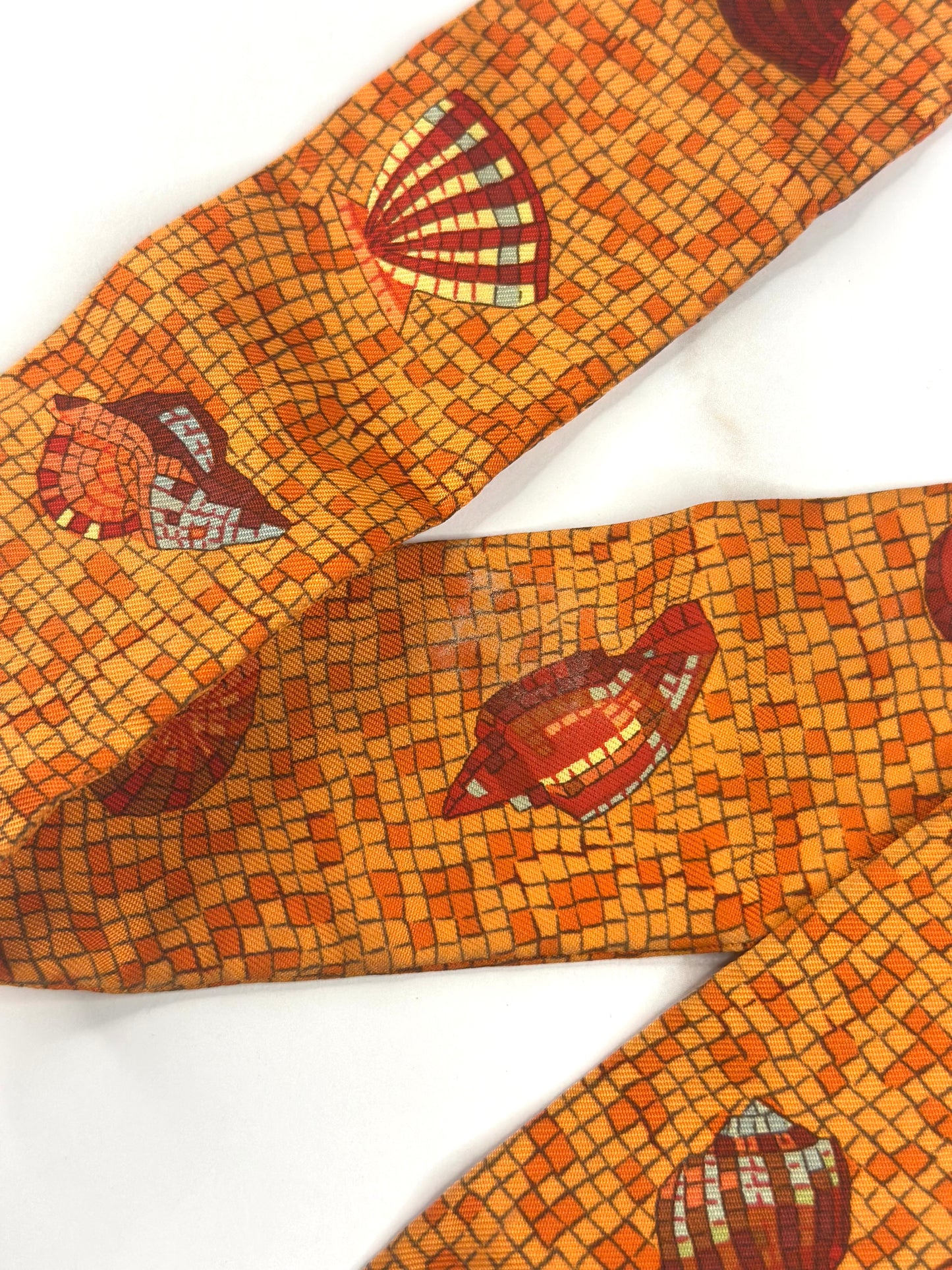 Pre-owned Hermes Silk Scarf Mosaic Seashells Twilly Orange
