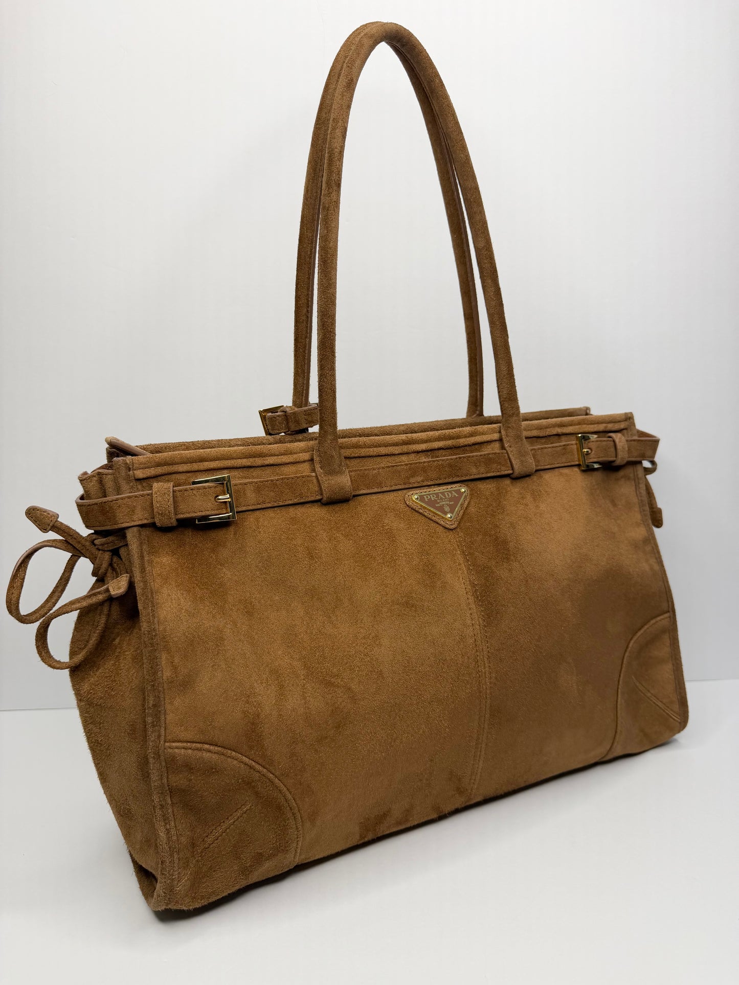 Pre-owned Prada Large Cinnamon Suede Bonnie shoulder tote