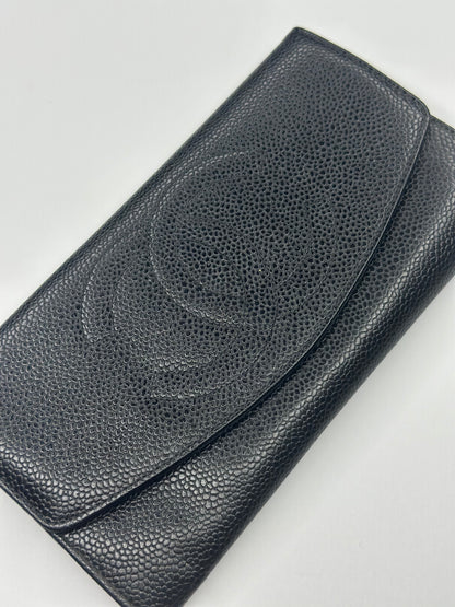Pre-owned Chanel Coco logo, black caviar, leather Vintage long wallet