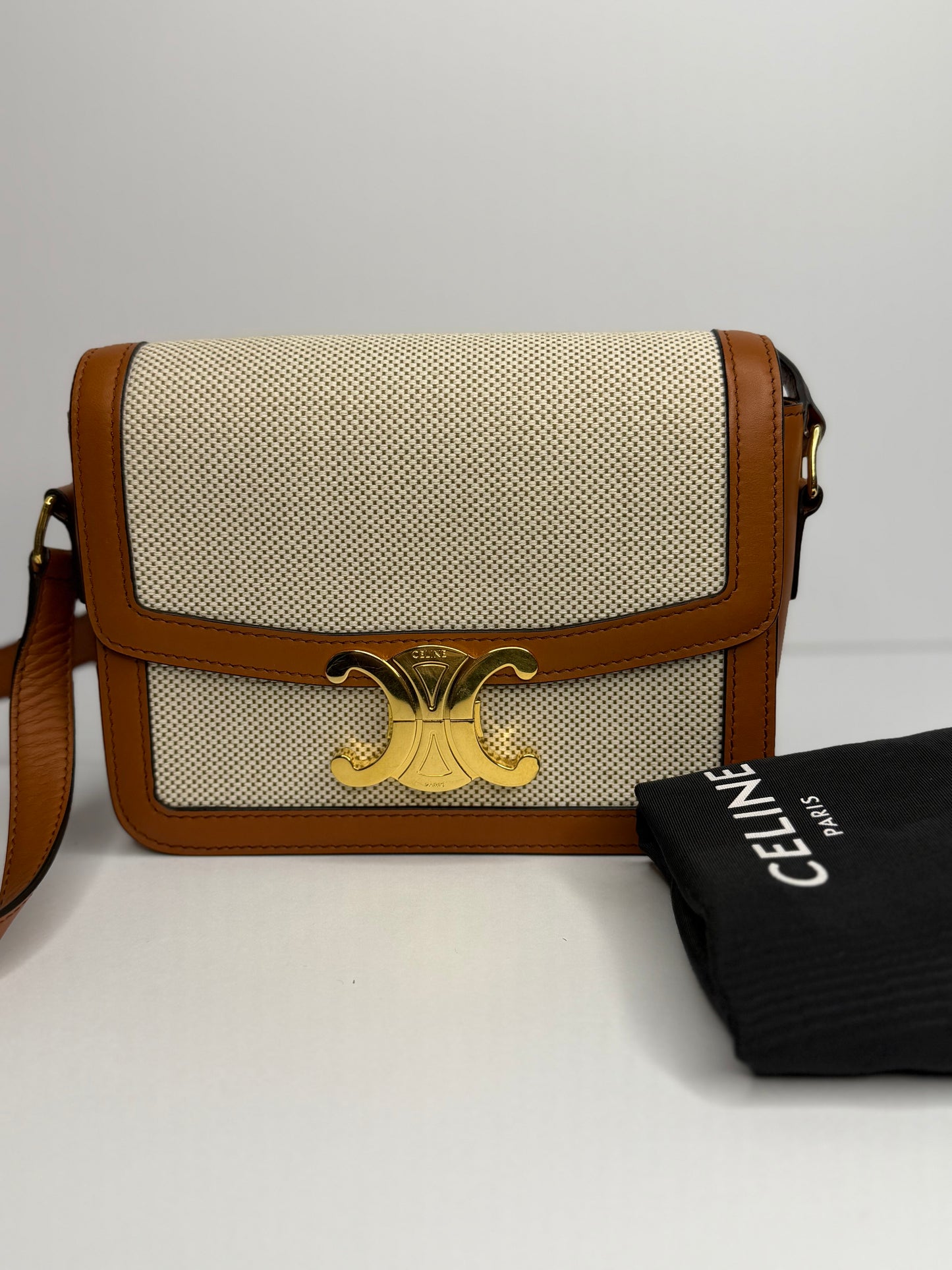 Pre-owned Celine TEEN TRIOMPHE BAG IN TEXTILE AND CALFSKIN