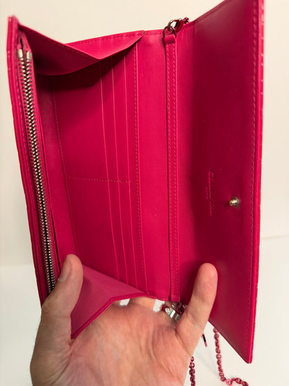 Pre-owned Dior hot pink patent leather cannage lady Dior wallet on chain