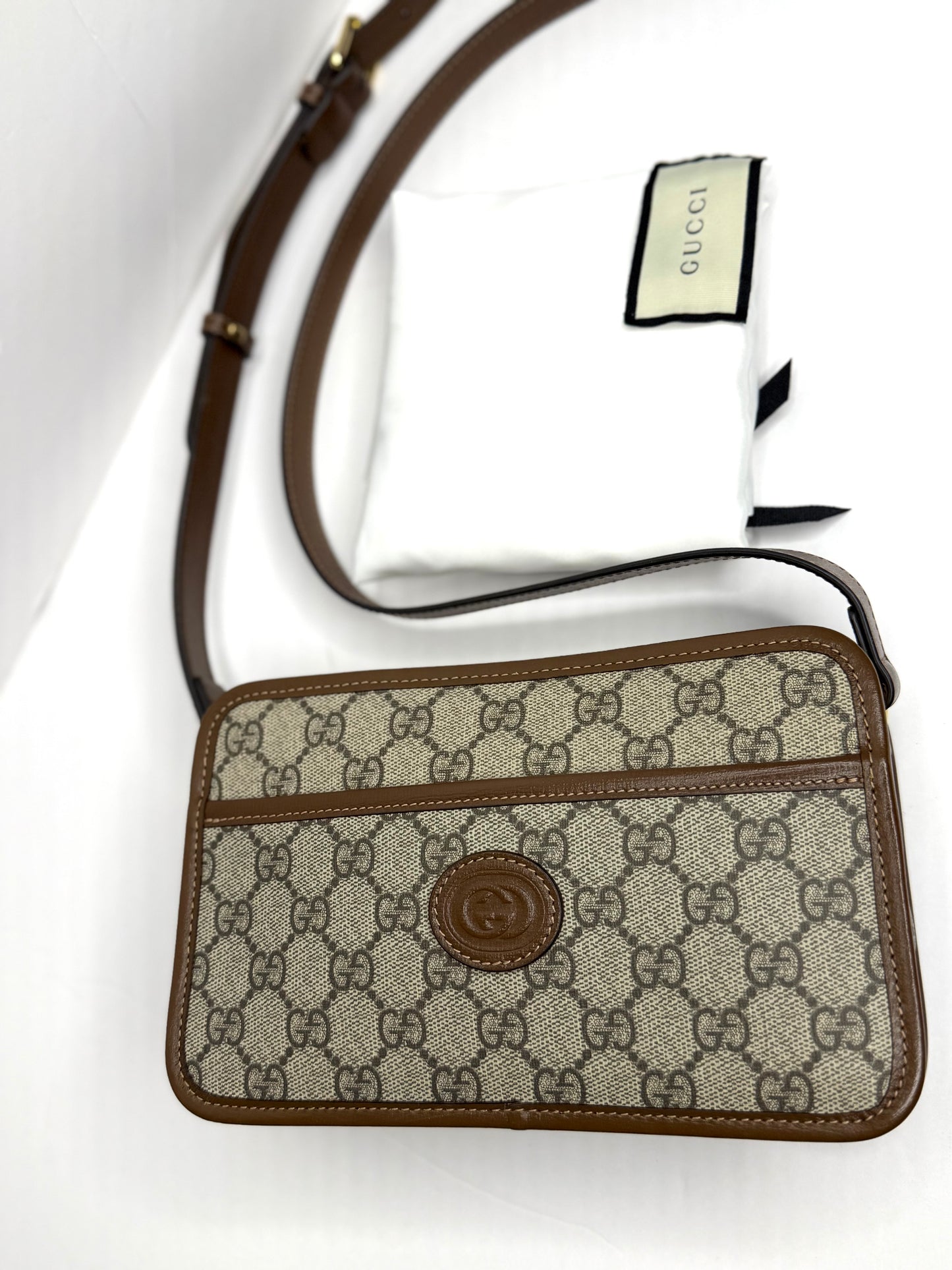 Pre-owned Gucci Interlocking G Patch Camera Bag GG Coated Canvas Mini crossbody