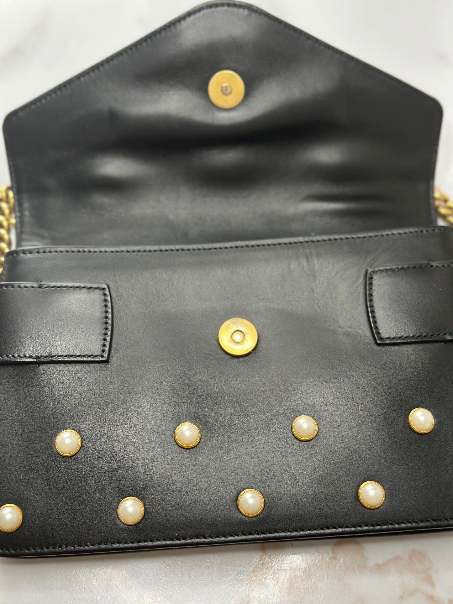 Pre-owned Gucci Nappa Pearl Studded Mini Queen Margaret Broadway Shoulder Bag Black