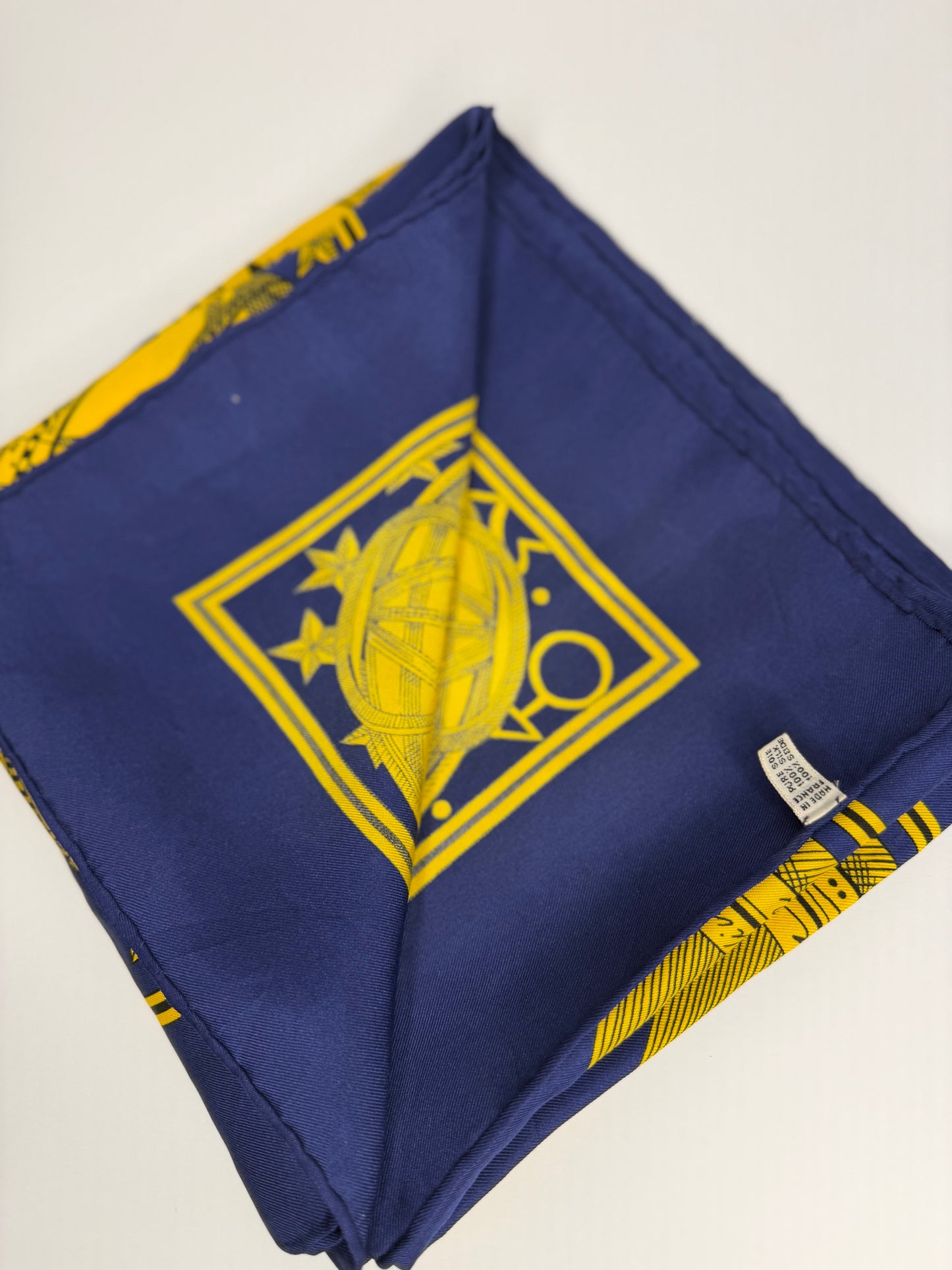 Pre-owned Celine Paris silk scarf yellow and blue design celestial motif.