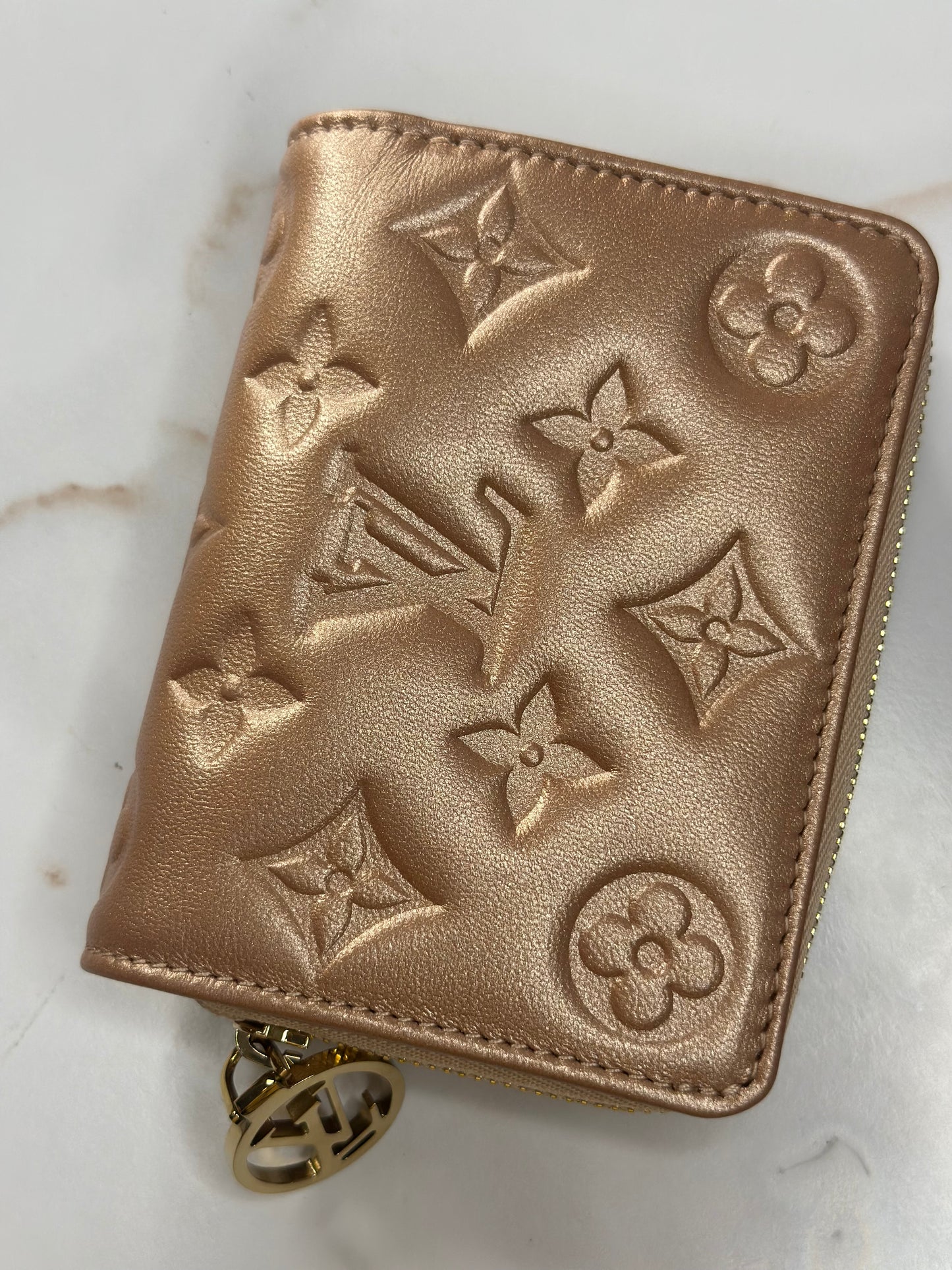 Pre-owned Louis Vuitton Lambskin Embossed Monogram Lou Coussin Wallet Rose Gold