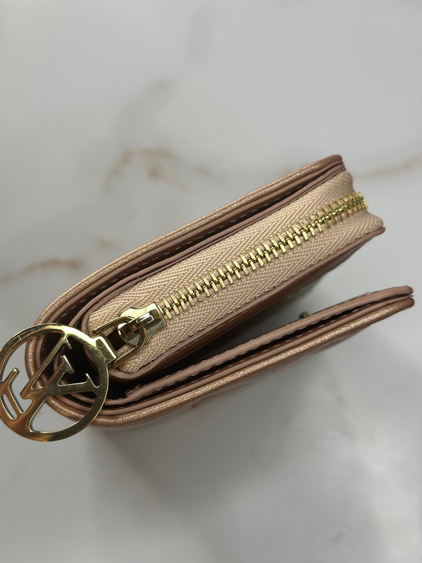 Pre-owned Louis Vuitton Lambskin Embossed Monogram Lou Coussin Wallet Rose Gold