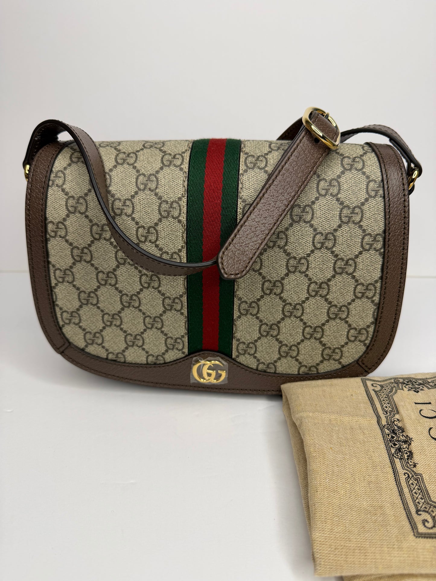 Pre-owned Gucci GG Supreme Monogram Web Small Ophidia Flap Messenger Bag Brown