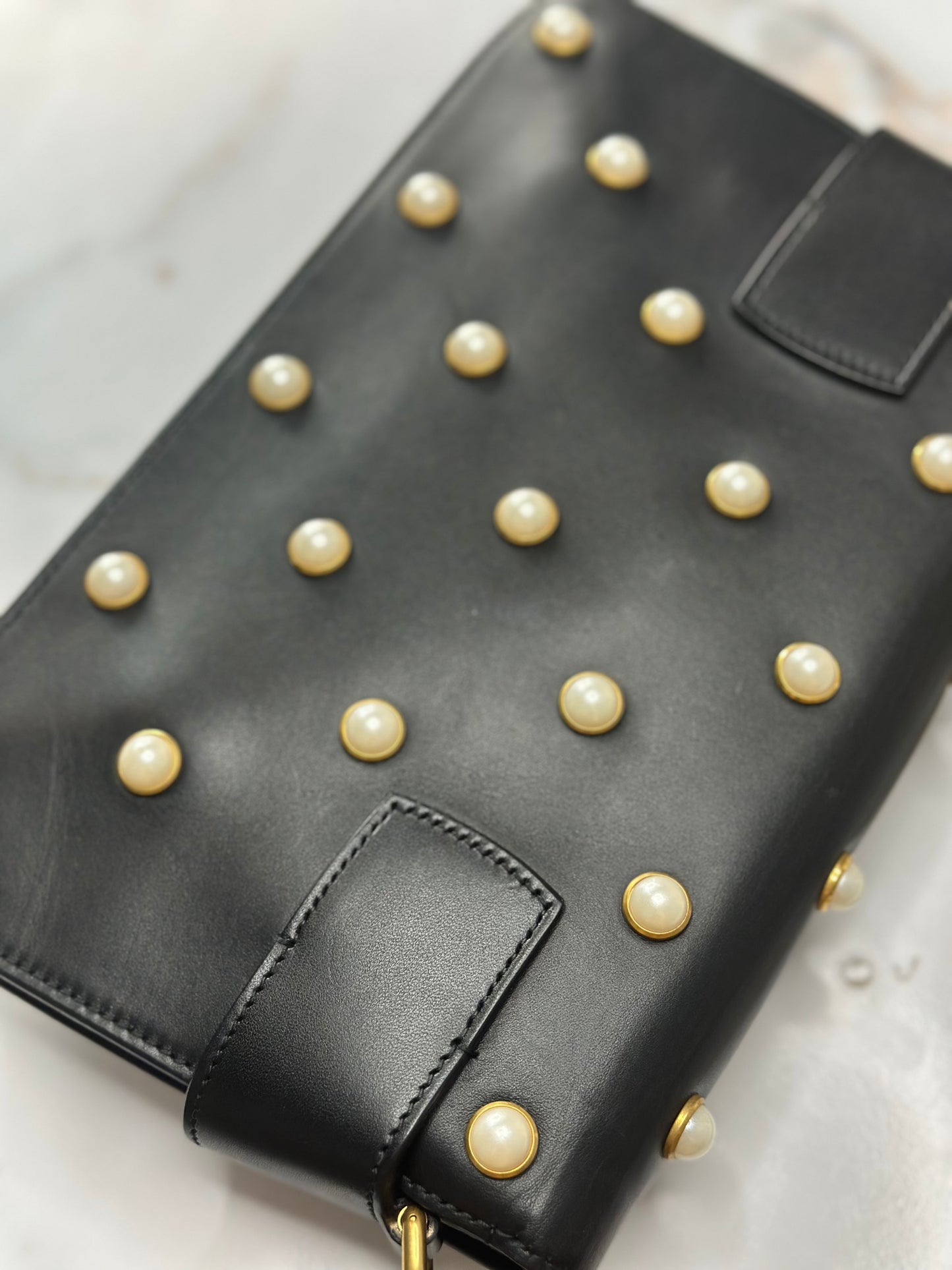 Pre-owned Gucci Nappa Pearl Studded Mini Queen Margaret Broadway Shoulder Bag Black