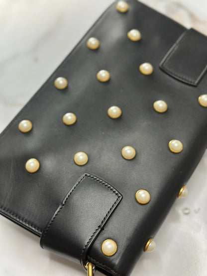 Pre-owned Gucci Nappa Pearl Studded Mini Queen Margaret Broadway Shoulder Bag Black