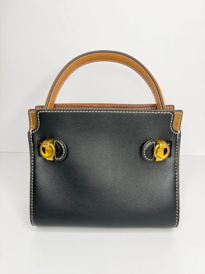Pre-owned Tory Burch Petite Lee Radziwill Double Bag Black Leather/Brown Suede