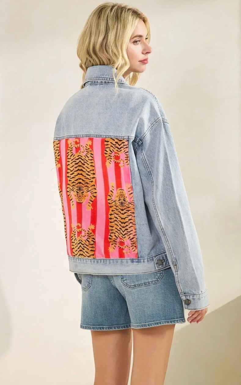 Classic Denim Jacket with Tiger Patchwork