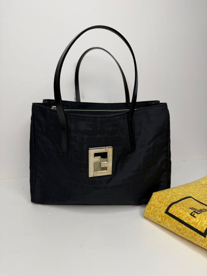 Pre-owned Fendi Black Zucca Nylon x leather tote
