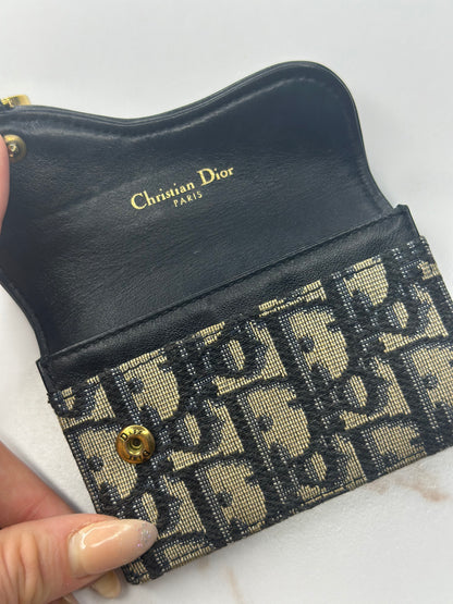 Pre-owned Christian Dior Saddle Flap Card Holder Blue Dior Oblique Jacquard canvas