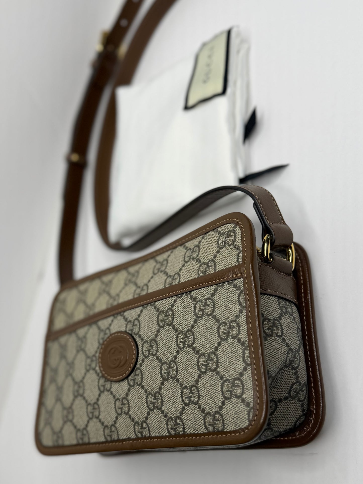 Pre-owned Gucci Interlocking G Patch Camera Bag GG Coated Canvas Mini crossbody