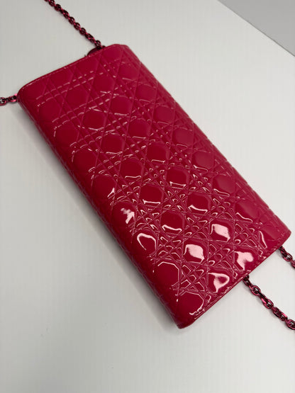 Pre-owned Dior hot pink patent leather cannage lady Dior wallet on chain