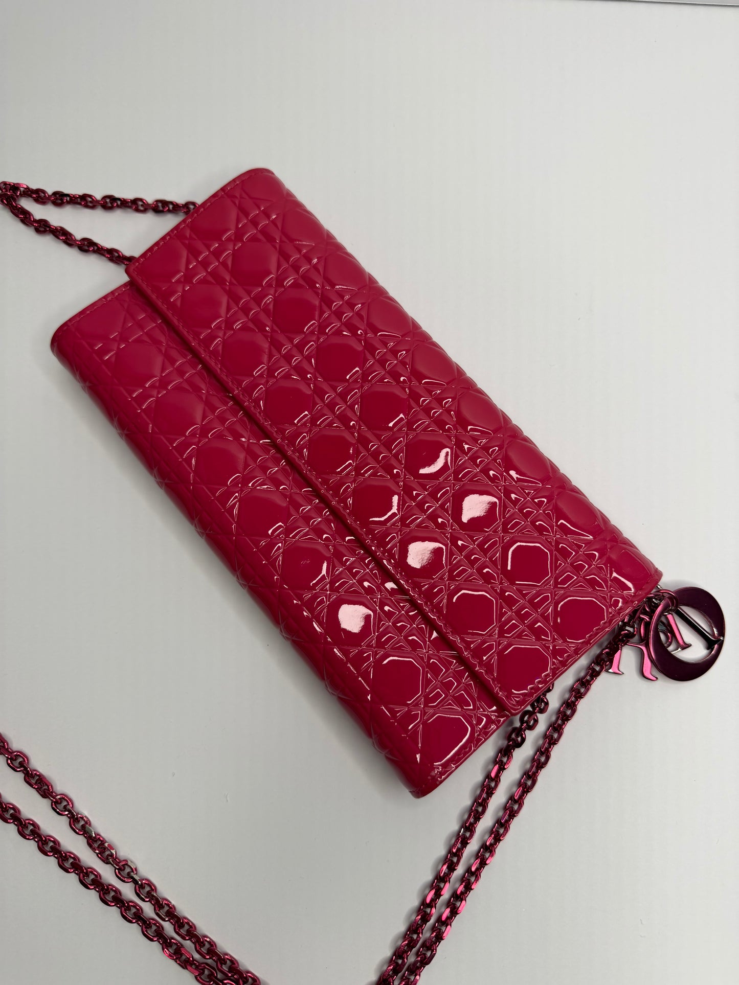 Pre-owned Dior hot pink patent leather cannage lady Dior wallet on chain
