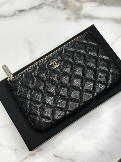 Pre-owned Chanel Caviar Quilted Small Zipped O-Case Pouch Black