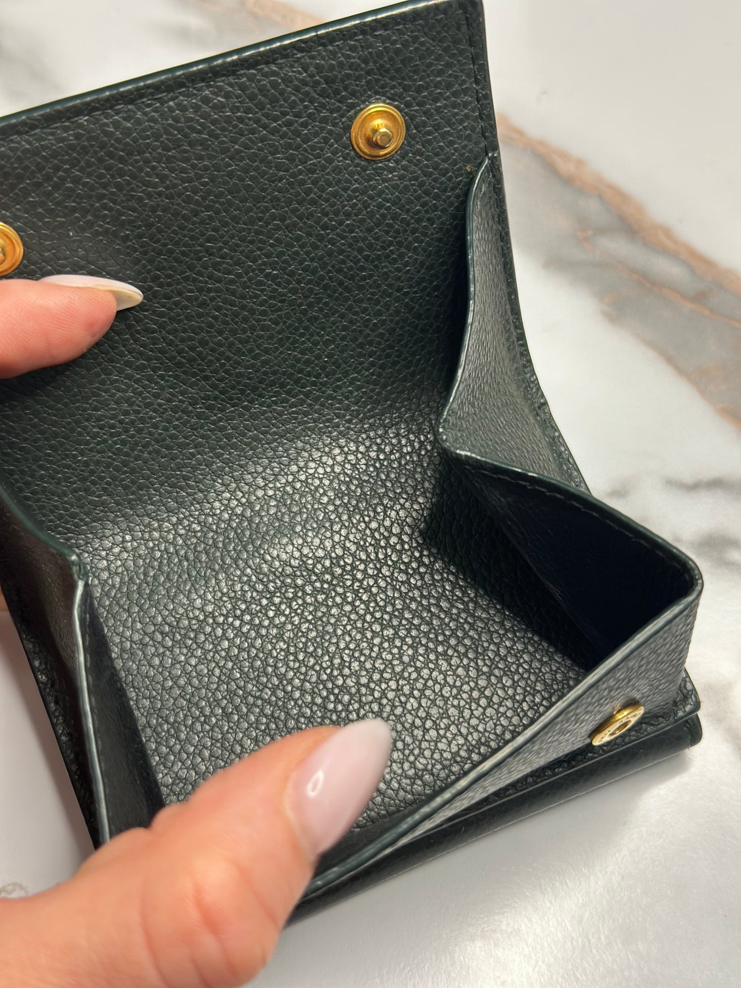 Pre-owned SAINT LAURENT Origami Tiny Leather Trifold Compact Wallet Dark Green Gold YSL