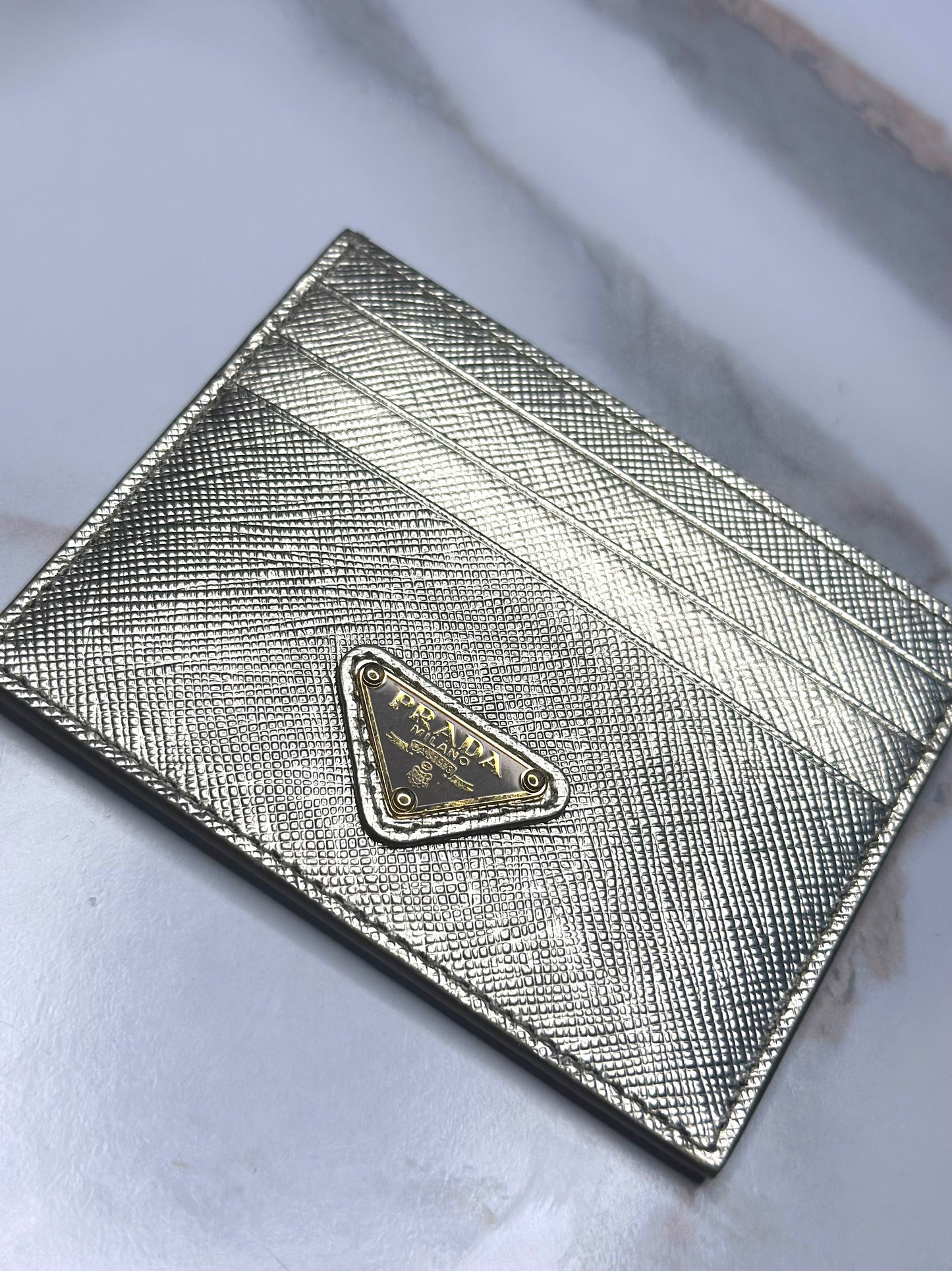 Pre-owned Prada metallic gold Saffiano leather card holder