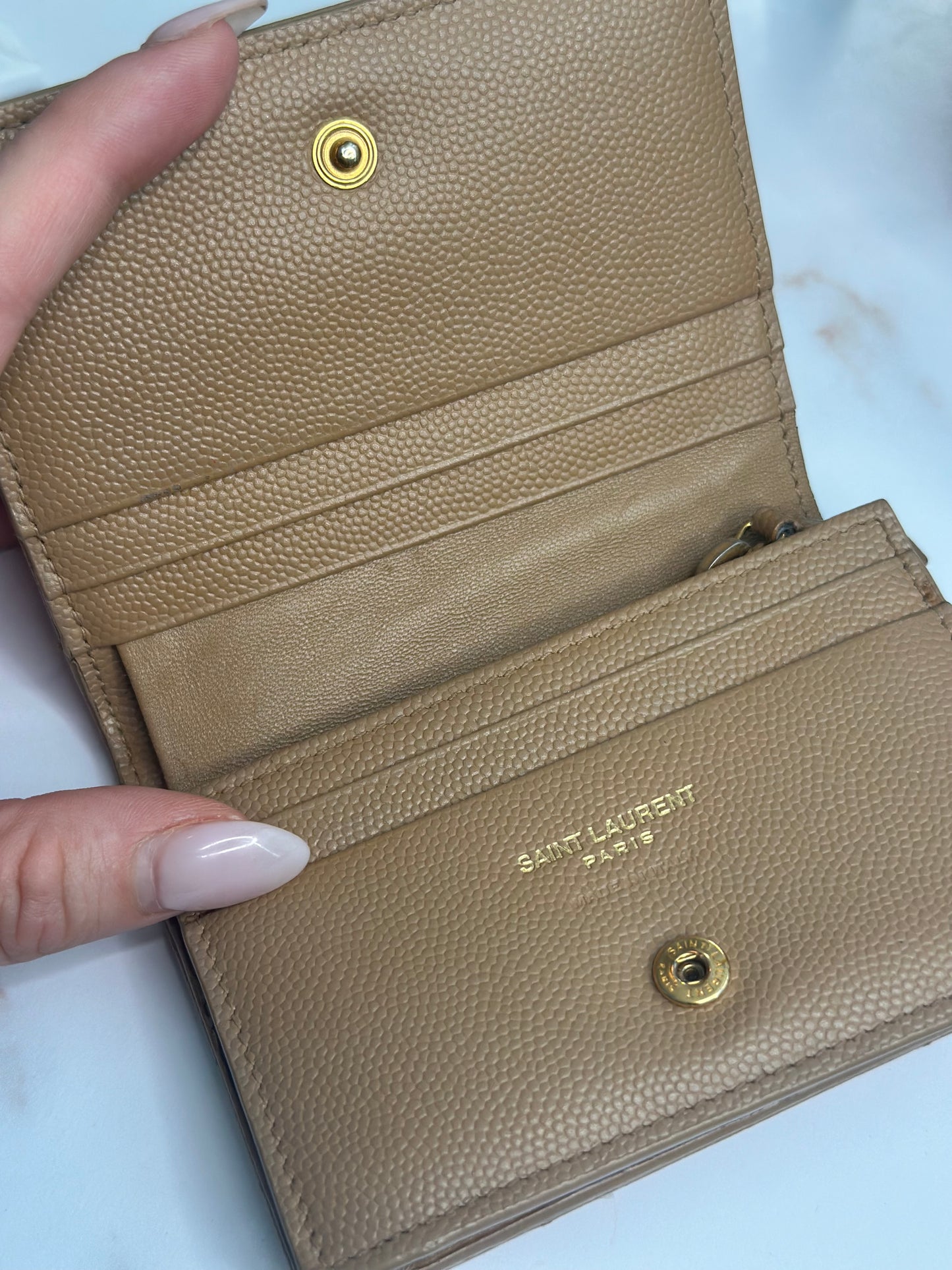 Pre-owned Saint Laurent Cassandre chevron-quilted brown grain de poudre leather wallet