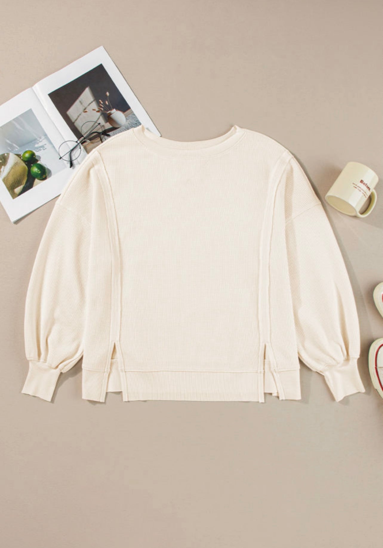 Cream Split Side Waffle Knit
