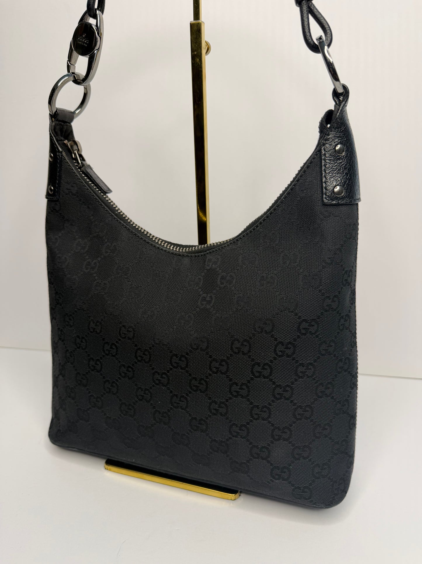 Pre-owned Gucci GG Black Canvas O-ring hobo shoulder bag