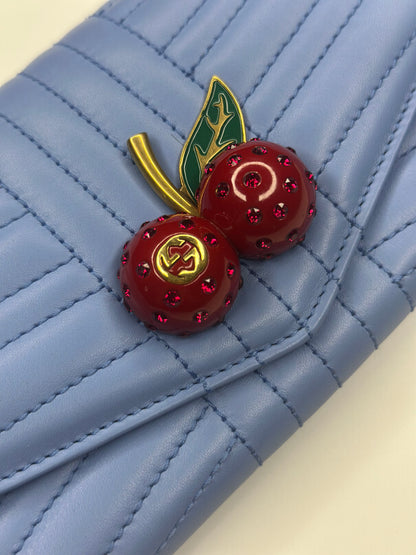 Pre-owned Gucci Continental Wallet Blue with Cherry Charm
