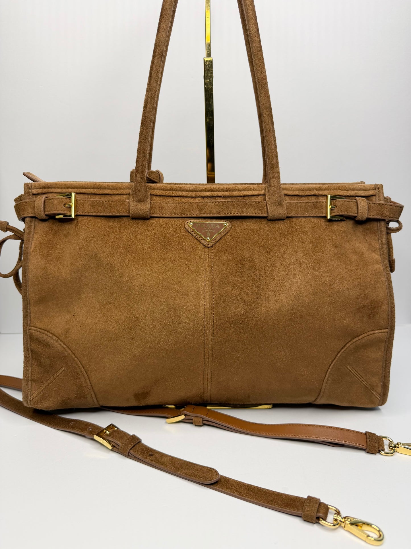 Pre-owned Prada Large Cinnamon Suede Bonnie shoulder tote