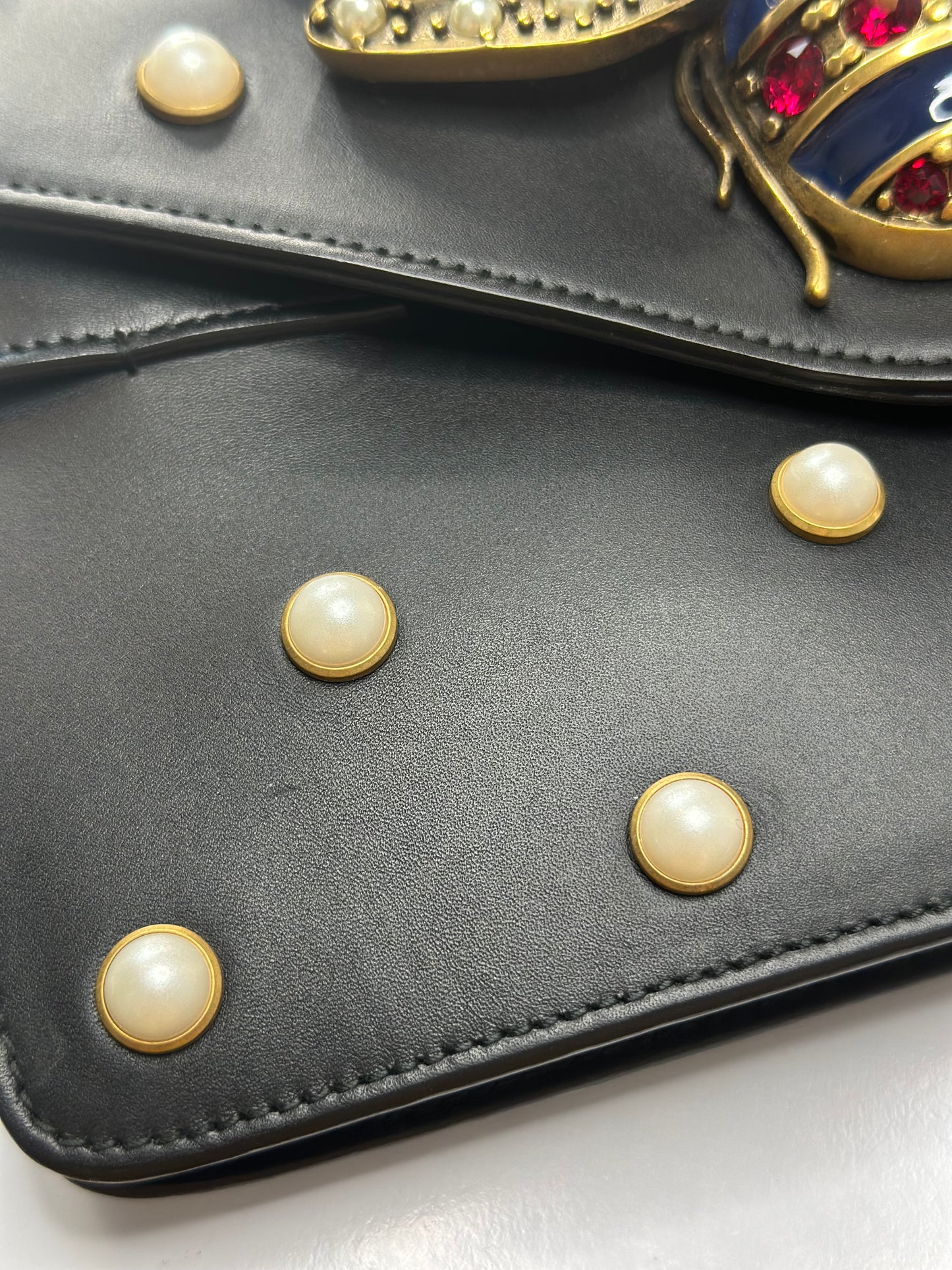Pre-owned Gucci Nappa Pearl Studded Mini Queen Margaret Broadway Shoulder Bag Black