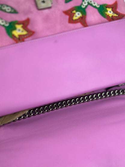 Pre-owned Gucci Dionysus Medium Shoulder Bag in pink suede featuring multicolor floral embroidery and sequin embellishments