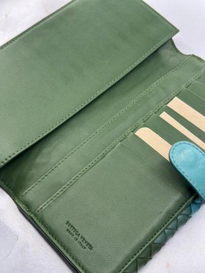 Pre-owned Bottega Veneta rare green and turquoise colorwave Intrecciato woven leather long wallet