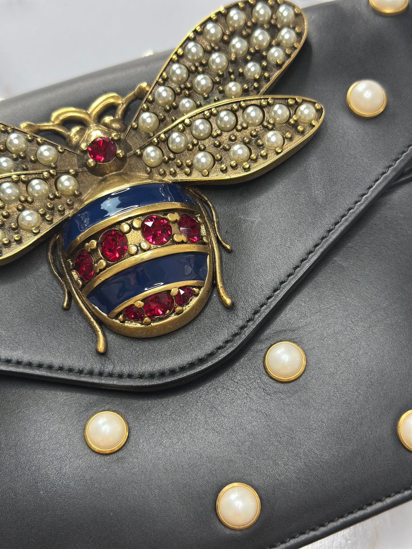 Pre-owned Gucci Nappa Pearl Studded Mini Queen Margaret Broadway Shoulder Bag Black