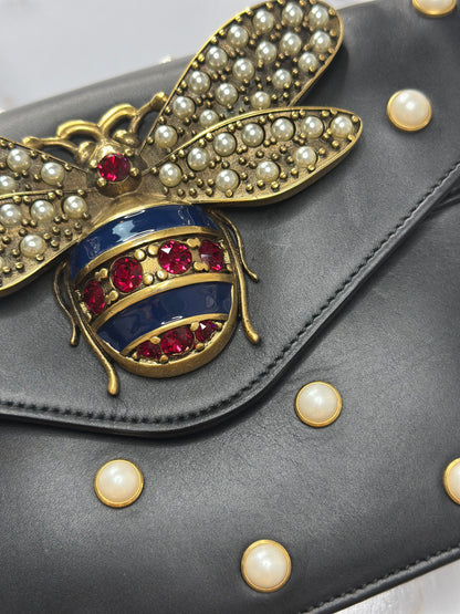 Pre-owned Gucci Nappa Pearl Studded Mini Queen Margaret Broadway Shoulder Bag Black