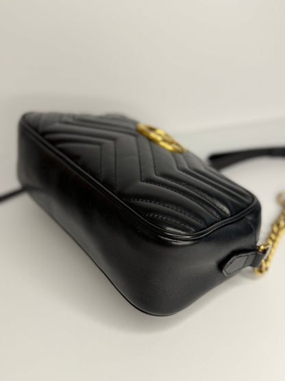 Pre-owned Gucci Marmont Small Camera Bag chevron-quilted black matelassé leather crossbody