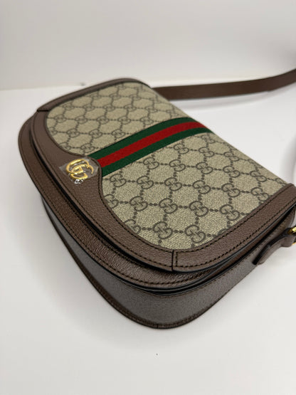 Pre-owned Gucci GG Supreme Monogram Web Small Ophidia Flap Messenger Bag Brown