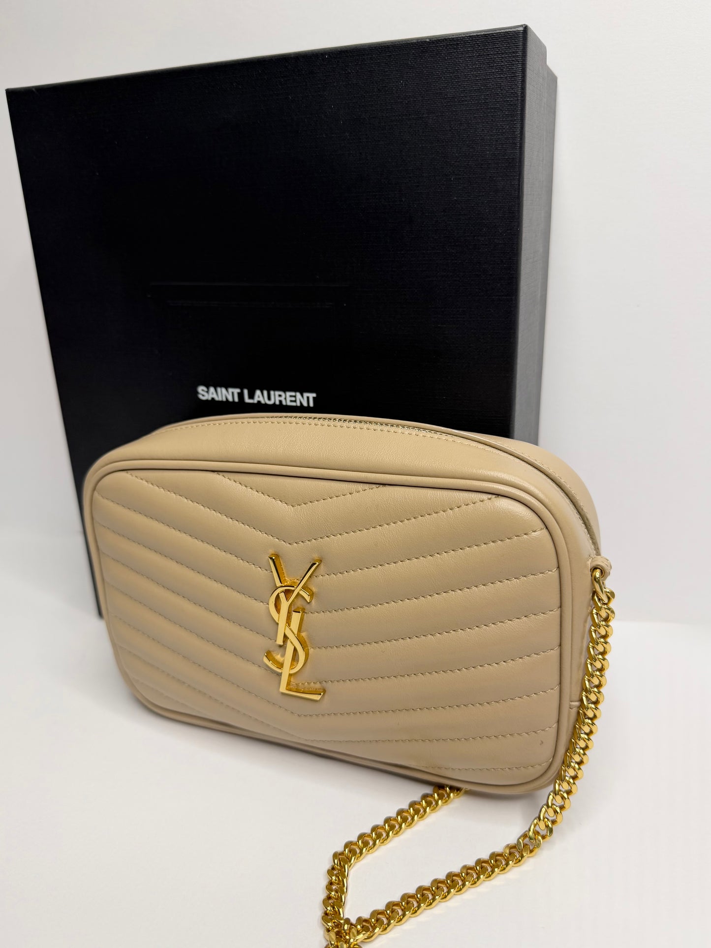 Pre-owned Saint Laurent Lou Mini YSL Camera Bag in Smooth Quilted beige Leather