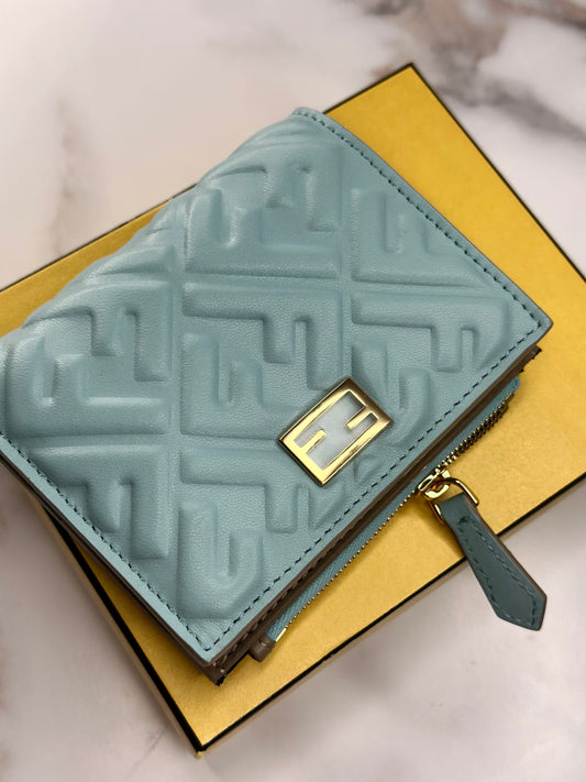 Pre-owned Fendi small baguette bi-fold wallet in light blue nappa leather