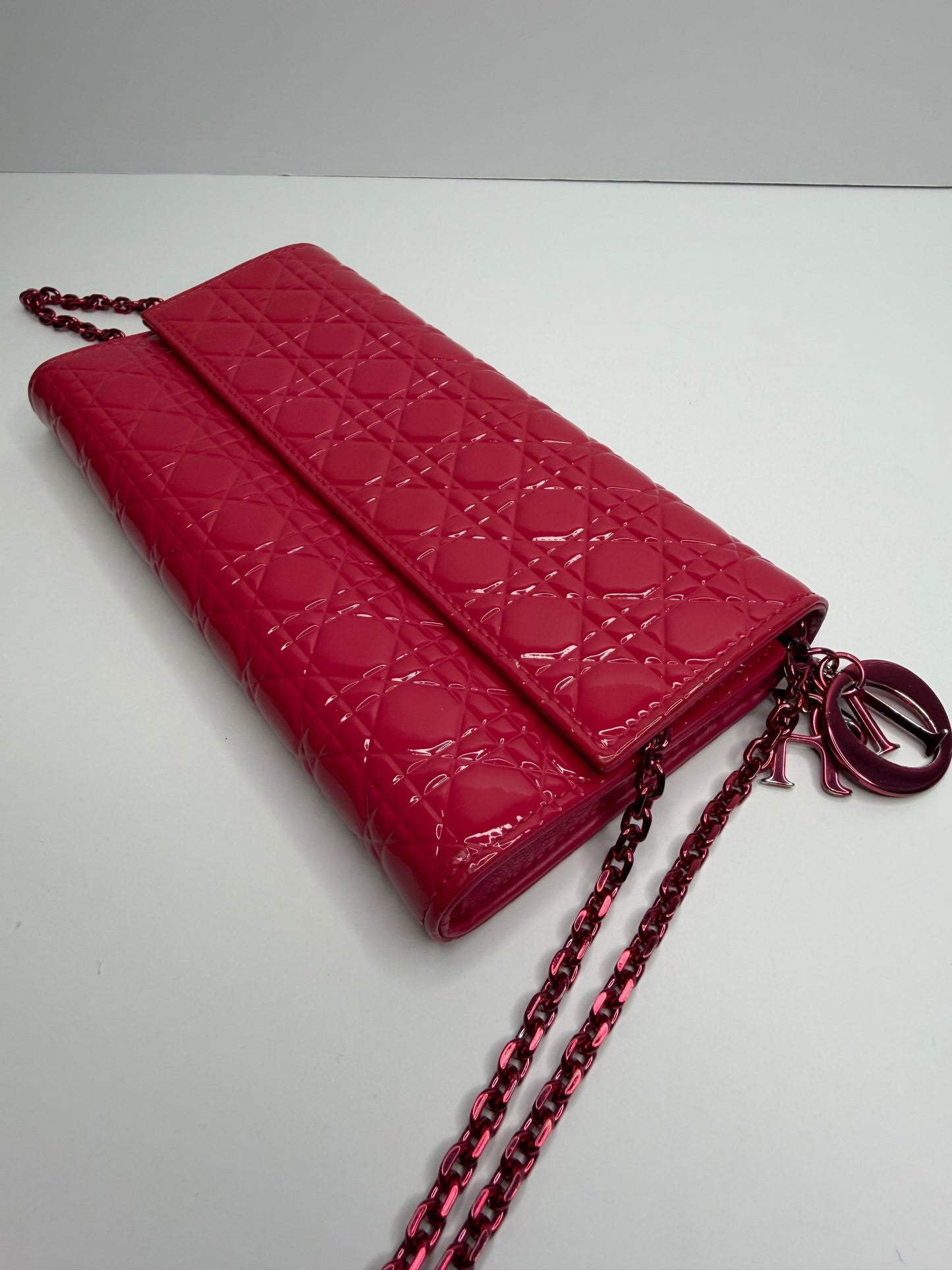 Pre-owned Dior hot pink patent leather cannage lady Dior wallet on chain