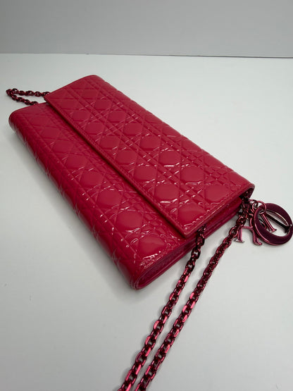 Pre-owned Dior hot pink patent leather cannage lady Dior wallet on chain