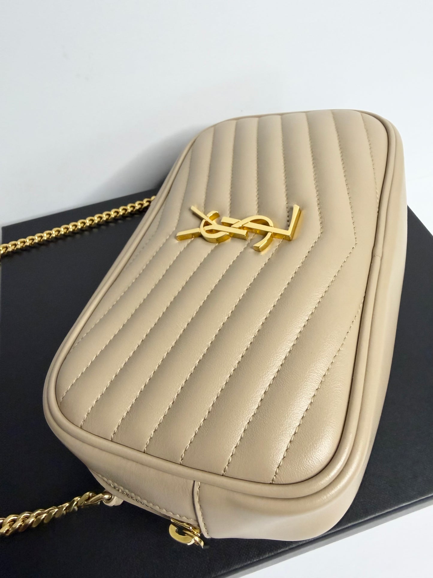 Pre-owned Saint Laurent Lou Mini YSL Camera Bag in Smooth Quilted beige Leather