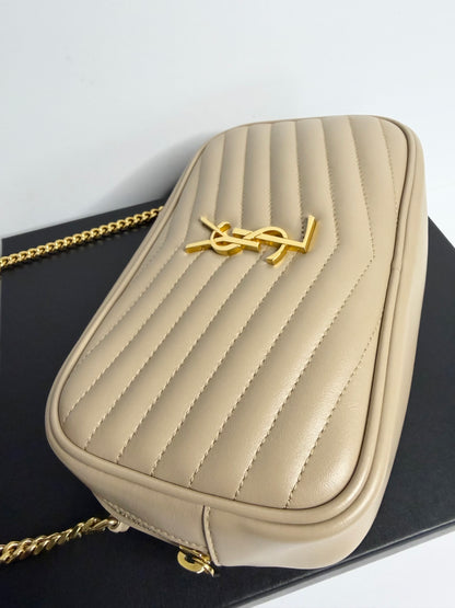 Pre-owned Saint Laurent Lou Mini YSL Camera Bag in Smooth Quilted beige Leather