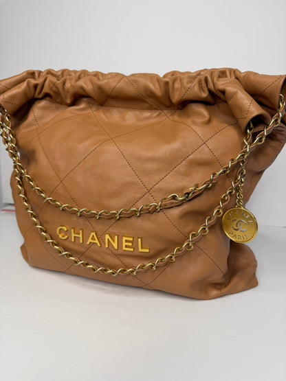 Pre-owned Chanel Caramel Calfskin Quilted 22 Hobo Bag Medium Antique Gold Hardware