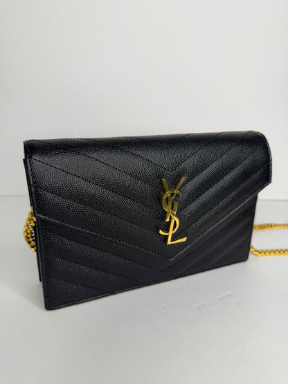 Pre-owned Saint Laurent CASSANDRE ENVELOPE CHAIN WALLET IN GRAIN DE POUDRE LEATHER