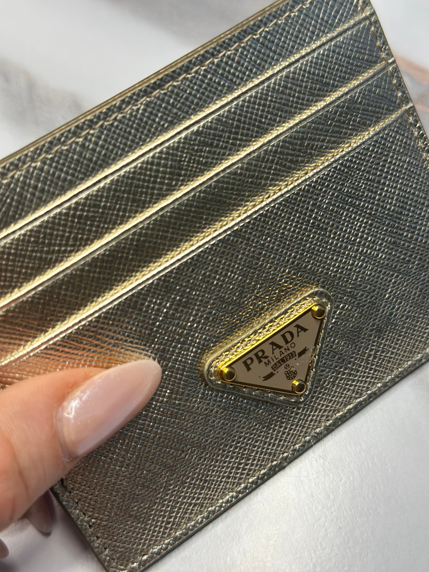 Pre-owned Prada metallic gold Saffiano leather card holder