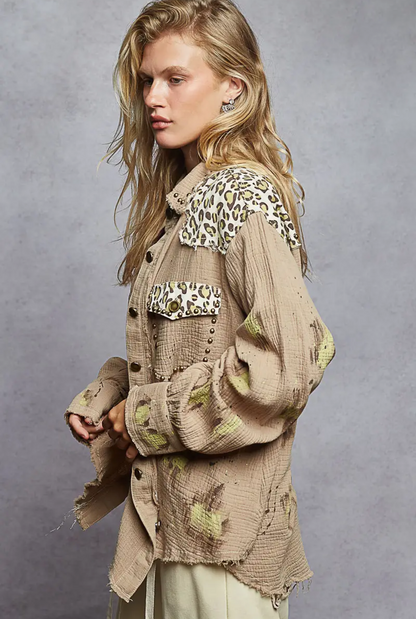 Long Sleeve Double Gauze Stud Printed Paint Splatter Shacket