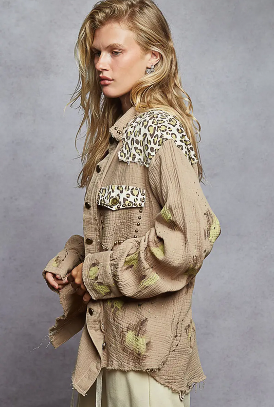 Long Sleeve Double Gauze Stud Printed Paint Splatter Shacket
