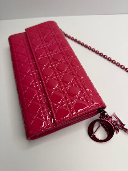 Pre-owned Dior hot pink patent leather cannage lady Dior wallet on chain