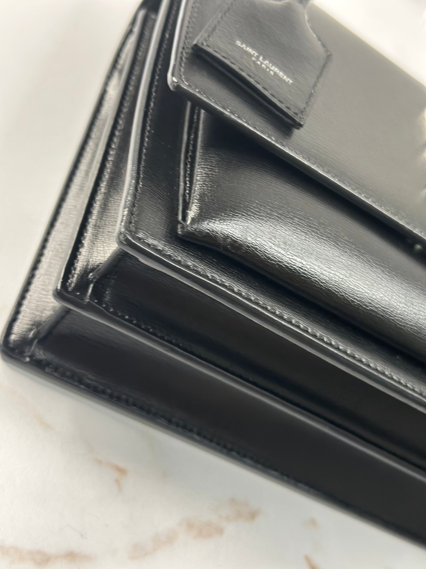Pre-owned Saint Laurent Sunset Medium Chain Bag in black smooth leather with silver-tone hardware